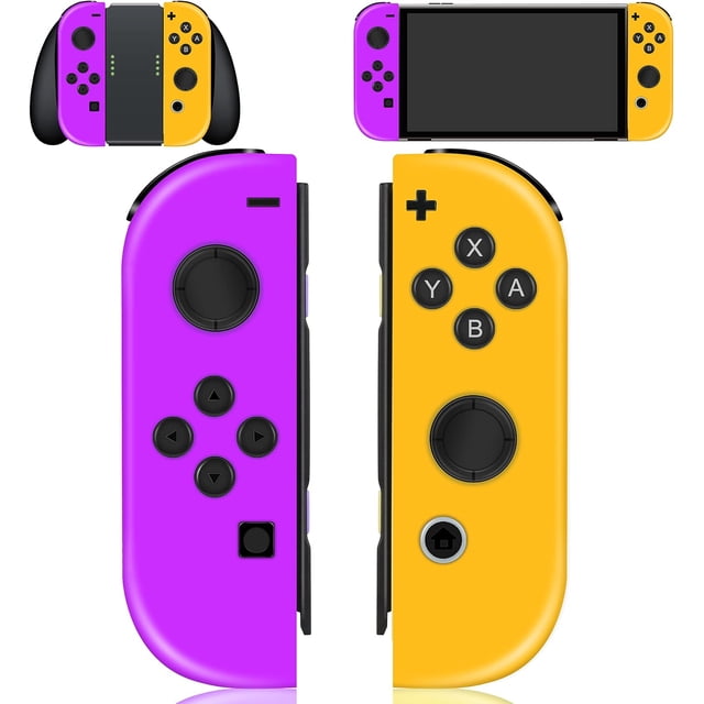 Nintendo Switch Joy-Con Paire, Joy-Con Manette de Remplacement Nintendo-Switch en Violet et orange. l'Image Montre les Manettes en Gros Plan, Mettant en Valeur les Couleurs Vives Violettes et orange, une Conception Ergonomique et une Disposition de Boutons. Inclut une Manette de Haute Précision, des Capteurs de Mouvement et des Fonctions de Double vibration pour un Jeu Immersif. Montré à la Fois Attaché à une console et comme Manettes Individuelles.