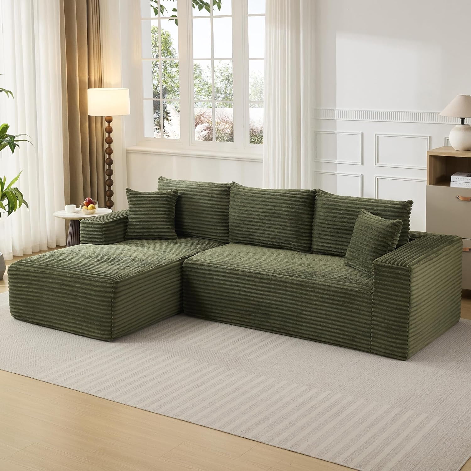 108" Cloud Sectional Couch with L-Shape Chaise, Modern Modular Sofa with Deep Seat, Boneless Cloud Couches for Living Room Bedroom, No Assembly Required, Plush Corduroy (Green, Left Facing Chaise)
