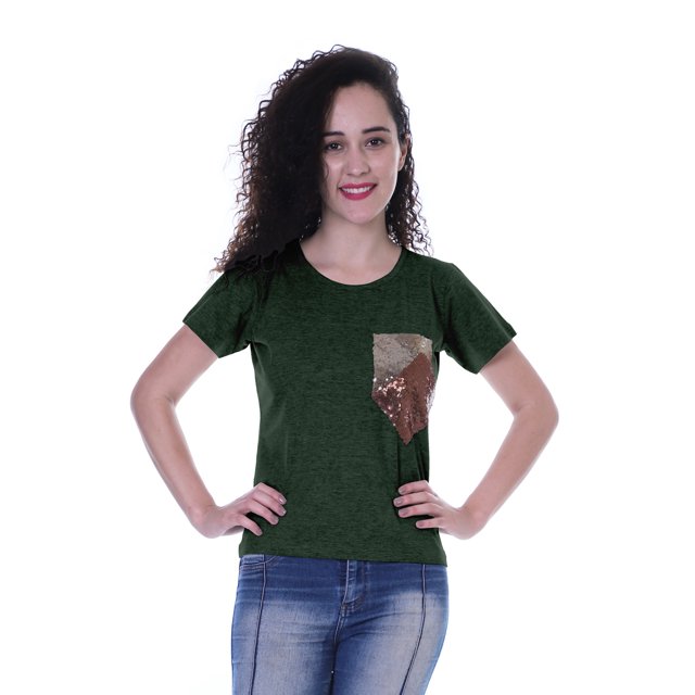 Moomaya T-shirt à Col Rond pour Femmes à Manches Courtes avec Poche Appliquée à Paillettes - ZW