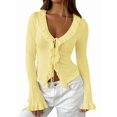 thumbnail image 1 of Women Ruffle Tie Front Cardigan Sweater Long Bell Sleeve Cropped Knit Sweater Top Yellow M, 1 of 7