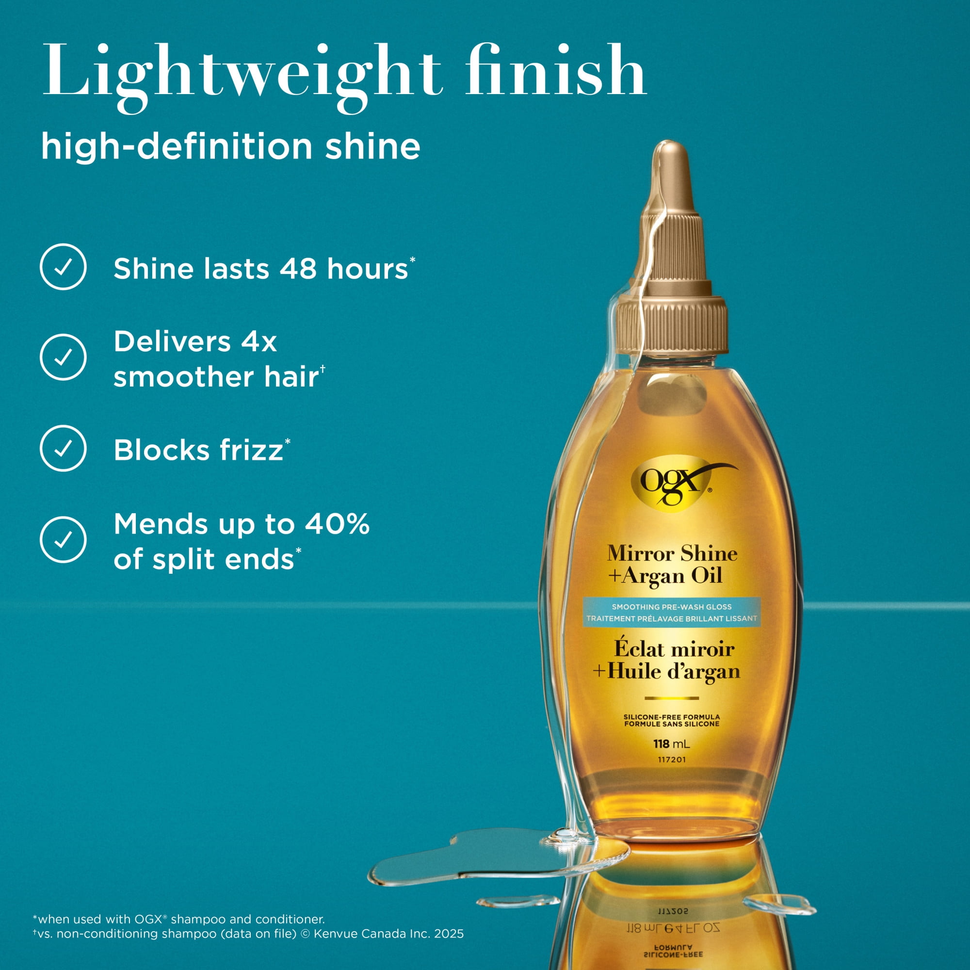 OGX Mirror Shine + Argan Oil Pre-Wash Hair Gloss, Smoothing Rinse Out Treatment for 48 Hours of Glossy Shine* & Nourishing Repair, Lightweight Hair Oil Mends Split Ends***