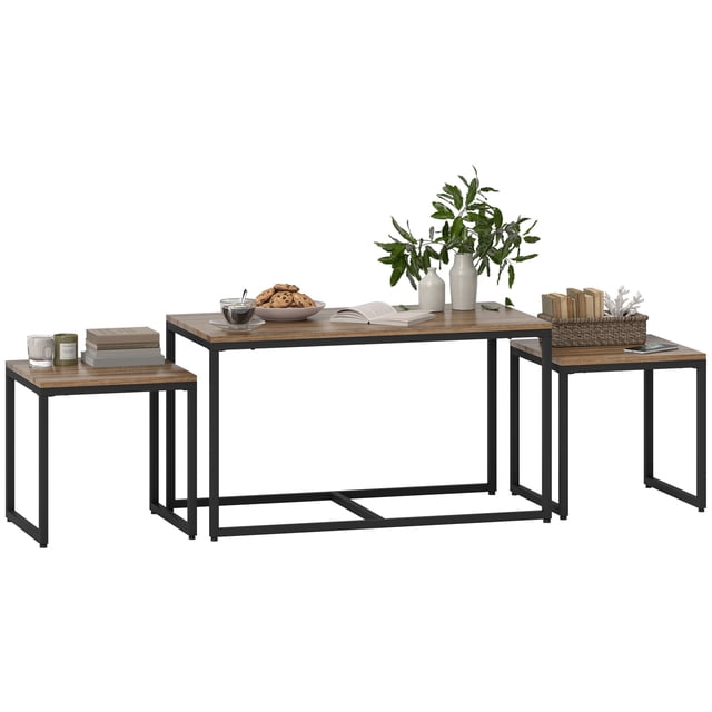 HOMCOM Nesting Coffee Table Set of 3, End Tables for Living Room, Brown