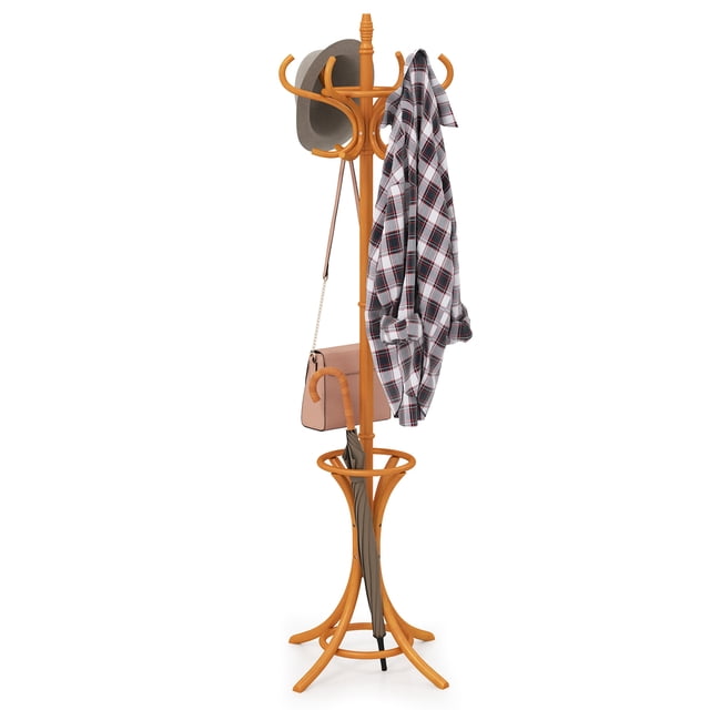 Giantex Coat Rack Free standing, Wooden Coat Rack Tree with 12 Hooks and Umbrella Stand, Entryway Hall Tree for Hats Clothes Handbags (Oak)