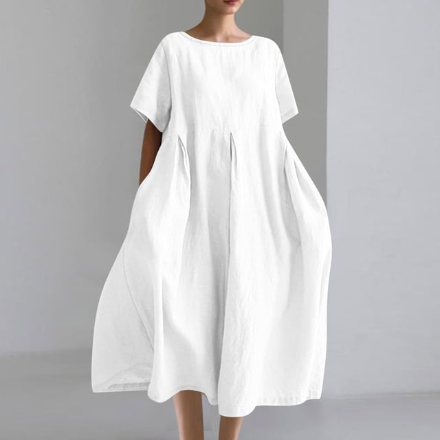 Amzcrzy Robes d'Été pour Femmes Grande Taille P-5TG Tendance Couleur Unie Col Rond Robe de Printemps Décontractée Ample Manches Courtes Robes d'Été pour Femmes Coton Lin Robe Midi