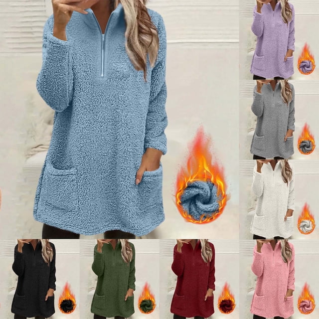 yoeyez Chandails en Peluche pour Femmes d'Hiver en Molleton Duveteux à Enfiler Col Ras du Cou Manches Longues Tunique Chaude Confortable Moelleuse Pyjama Tenue de Détente Haut avec Poches Vert Armée, TG
