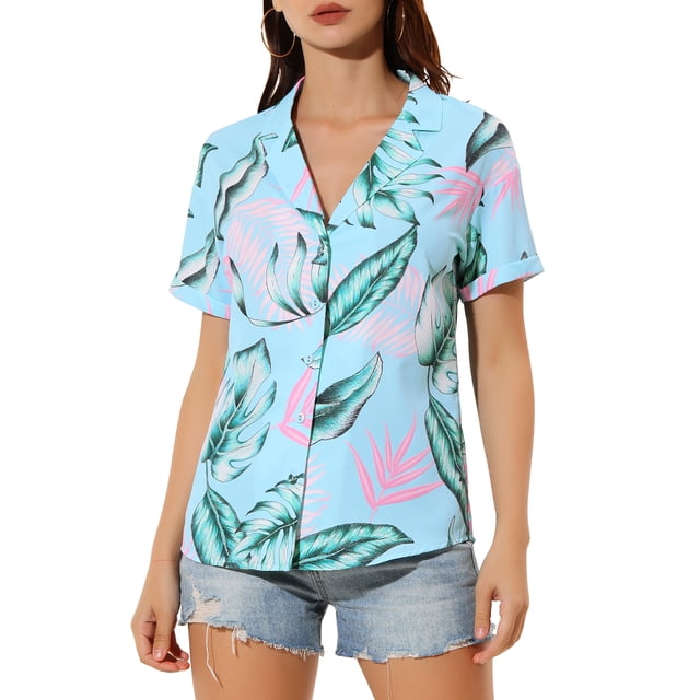 INSPIRE CHIC Chemises pour Femmes Hawaïennes à Manches Courtes Tropicales à Fleurs Boutonnées Hauts m Bleu Rose