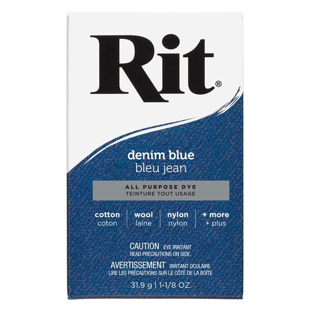Rit Teinture en Poudre Tout Usage en Bleu denim, Boîte de 31,9 g (1 1/8 oz) Conçue pour la Teinture de Tissus sur Coton, Laine, nylon et Plus, avec Texte Bilingue Anglais et Français et Attention à l'IrRitation des Yeux.