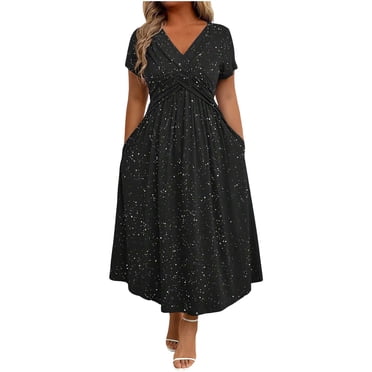 Jalioing Robe d'Été Ample et Fluide pour Femme Grande Taille, Col en V, Manches Courtes, Longues Robes avec Poche, Robe de Cocktail pour Fête