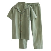 GDREDA Matching Pajamas Couples Men's Pajamas Summer Thin Washed Fabric Short Sleeved Long Pants Home Clothing Plaid Summer Set Men's Pajama & Loungewear Green,L