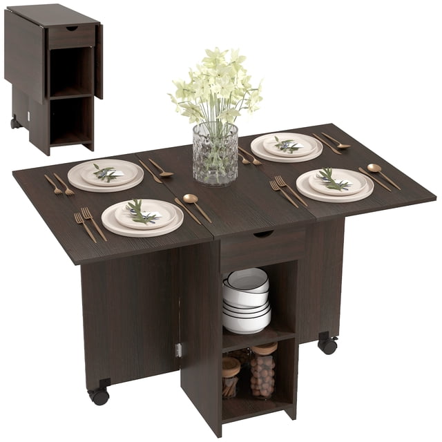 HOMCOM Foldable Dining Table, Drop Leaf Table with Storage for Kitchen