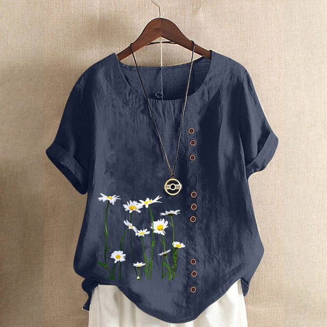 Birdeem T-Shirt Ample Décontracté d'Été pour Femme à Col Rond, Manches Courtes, à Imprimé Floral