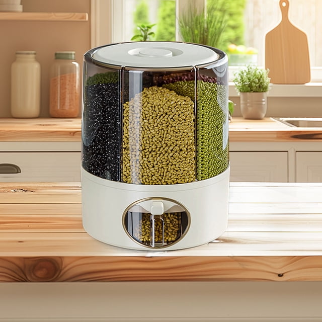 WIFKLSIIPG Contenants de Rangement de Grains Transparents avec Tiroirs 6 Compartiments Seau à Riz de Cuisine Rotatif à 360 ° Sortie en un Clic Distributeur de Riz Distributeur Rotatif pour Aliments Secs pour Ranger les Légumineuses 1 Pce