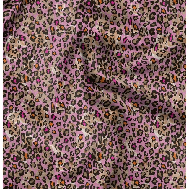 Soimoi Pink polyester Crepe Fabric Leopard Animal Skin Print Fabric by Yard 52 Inch Wide