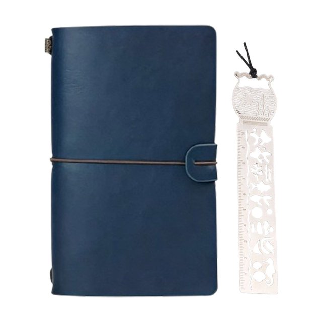 SIYTUAU Vintage A6 Portable Travel Notebook With Metal Bookmark Ruler Paper Material 90 Sheets Lined Journal Blue Cover Blue