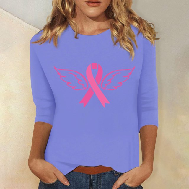 Jsaierl Hauts Graphiques Ruban Rose pour Femmes T-Shirts Cancer du Sein Manches 3/4 Col Rond Pull Lutte contre le Cancer Blouses d'Octobre