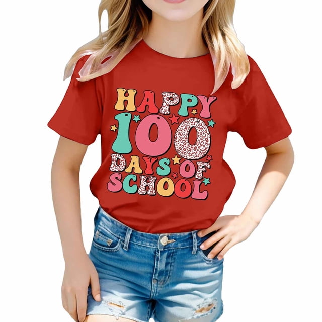 MEZZALL T-Shirts Imprimés pour Enfants Saison Scolaire Col Rond T-Shirt à Manches Courtes pour Garçons Filles Tee Hauts Doux, 6-7 Ans