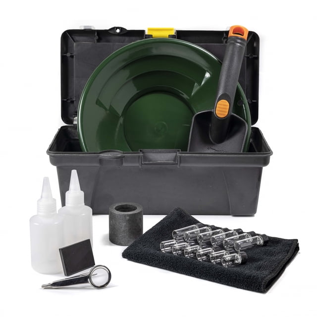 ASR Outdoor 21pc Prospectors Gold Testing Kit with Bonus Gold Pan, including a durable black toolbox with a green 10-inch gold pan featuring riffled traps, a trowel, two snifter bottles, six short and six tall glass vials, a testing stone, microfiber cleaning cloth, and illuminated tweezers with 4x magnification. Perfect for gold prospecting, mineral testing, and organizing precious metals.