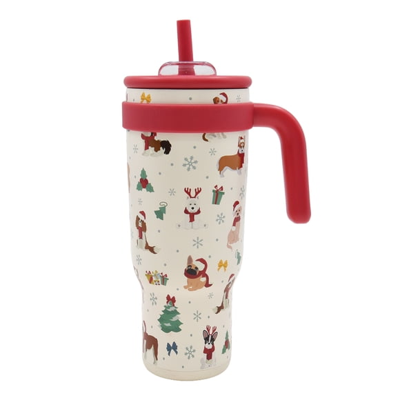 Gobelet isotherme en acier inoxydable Holiday Dogs avec paille rouge et poignée, 38,7 oz, par Holiday Time