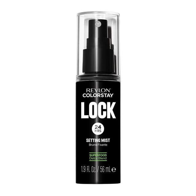 ColorStay™ LOCK Setting Mist by Revlon in a black 56 mL spray bottle with clear cap, locking makeup for up to 24 hours while protecting skin from pollutants with a superfood detox blend of citrus, aloe, and broccoli, suitable for all skin types.
