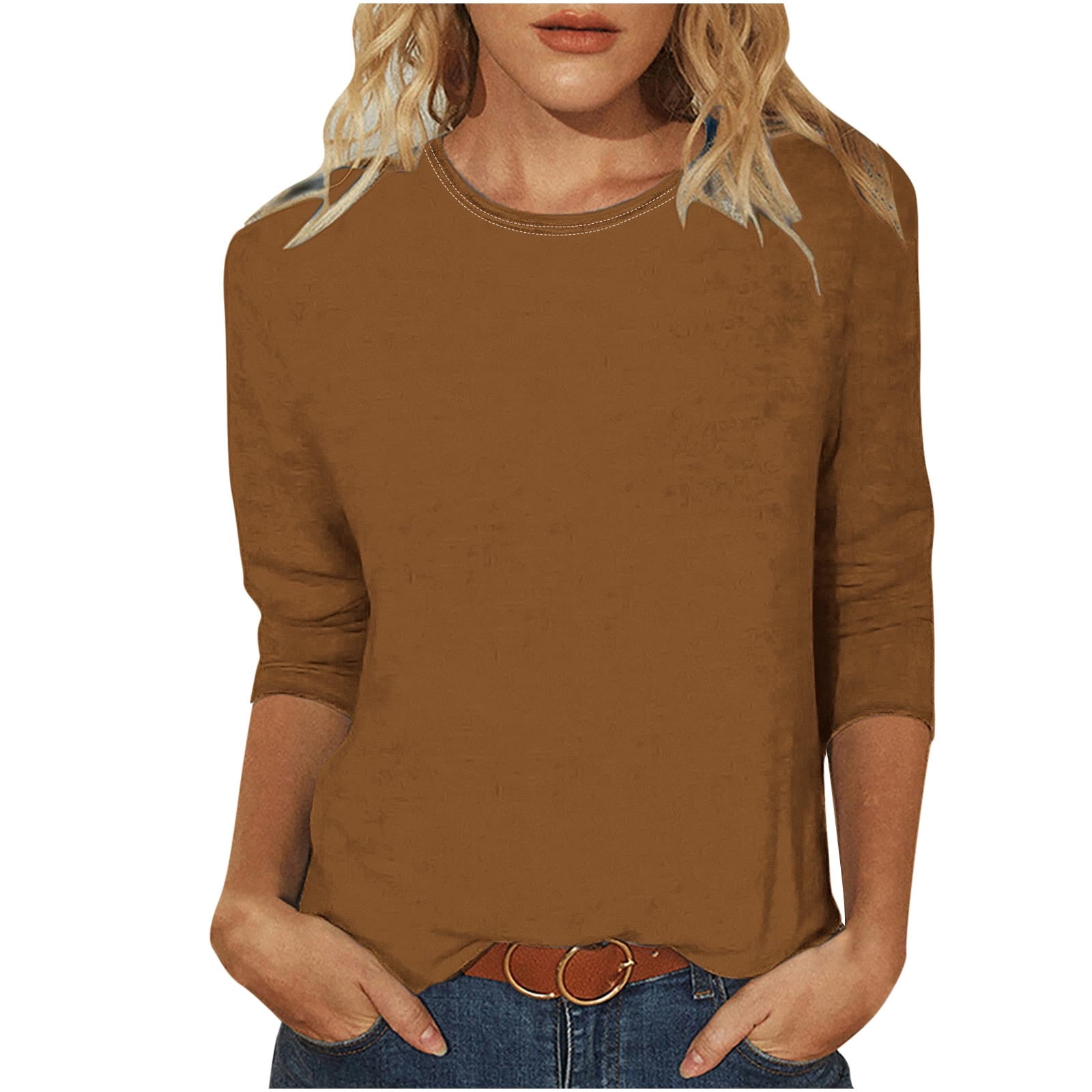 Timegard Womens Summer Tops Crewneck 3/4 Sleeve Solid Color Comfy Basic Tee Shirts Casual Loose Tops