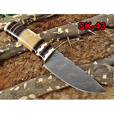 9" HAND FORGED DAMASCUS STEEL SKINNING POCKET KNIFE, CAMEL BONE & BULL HORN ROUND SCALE KNIFE WITH LEATHER SHEATH