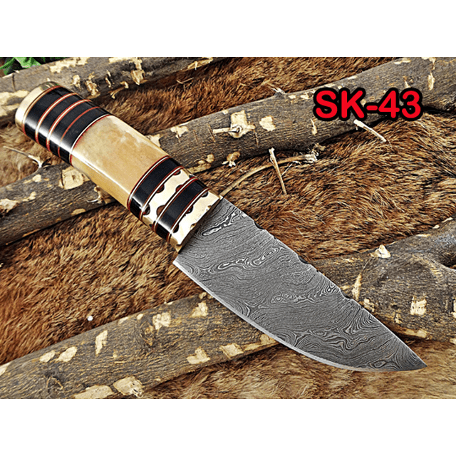 9-inch hand-forged Damascus steel skinning pocket knife featuring a 5-inch twist pattern blade and a 4.5-inch round handle crafted from camel bone and bull horn with engraved brass spacers. Includes a robust leather sheath with a belt loop for convenient carrying. Designed for hunting and utility purposes.