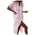 thumbnail image 1 of AherBiu Robe Chemise à Boutons pour Femmes en Coton et Lin, Col à Revers, Col en V, Manches Courtes, Robes Maxi pour Femmes, 1 of 7