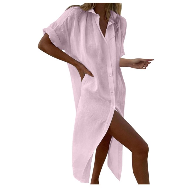 AherBiu Robe Chemise à Boutons pour Femmes en Coton et Lin, Col à Revers, Col en V, Manches Courtes, Robes Maxi pour Femmes