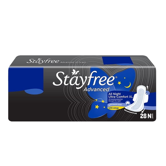 Stayfree Avancé TTG/28 Serviettes/serviettes Hygiéniques Ultra Confort Toute la Nuit pour Femmes/convertissent le Flux Abondant en Gel/contrôle des Odeurs/absorbent 2X Plus avec un Dos Plus Grand/aident à Prévenir les Éruptions Cutanées/Ultra T