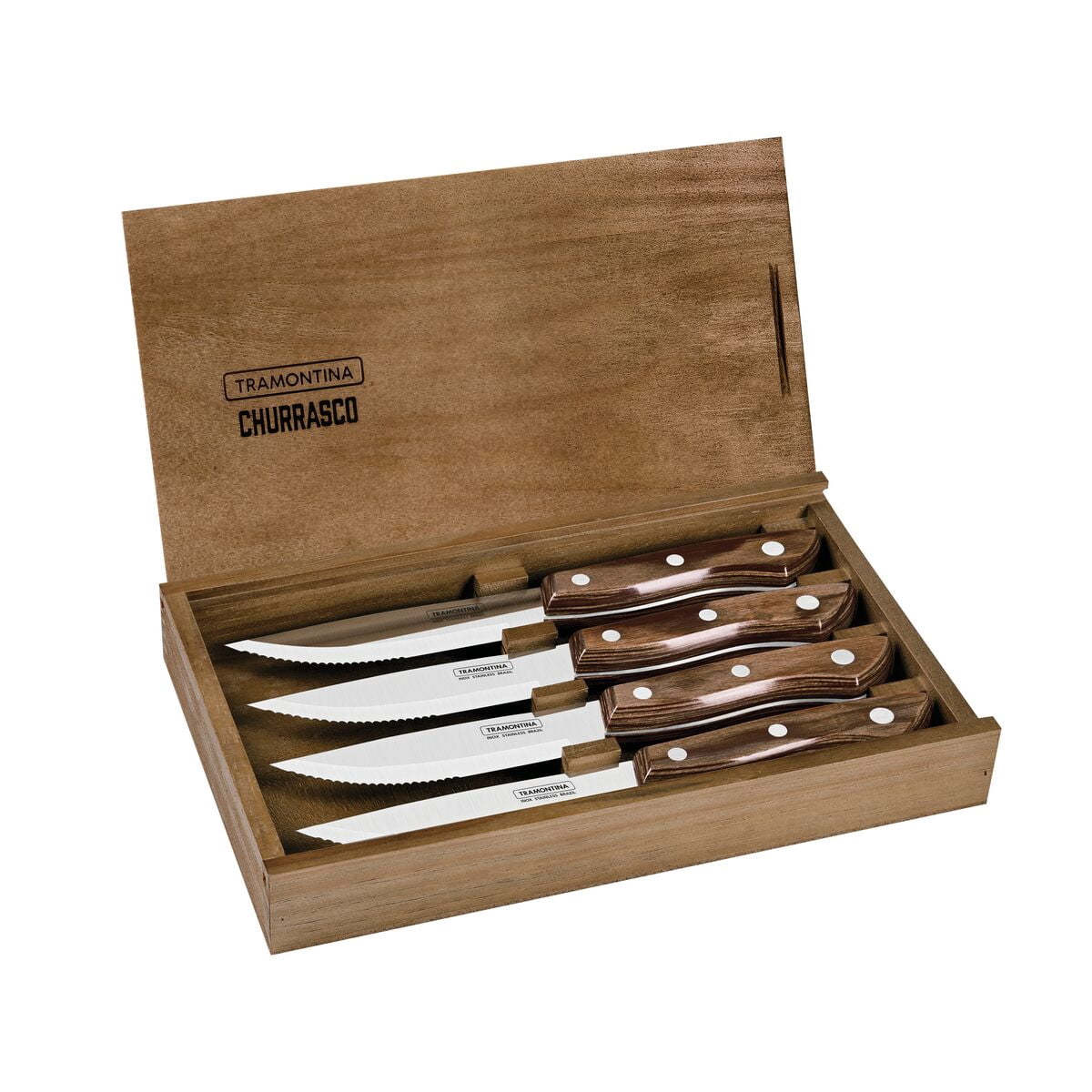 Tramontina Churrasco 4-Piece Steak Knife Set with Polywood Handles and Magnetic Wooden Case