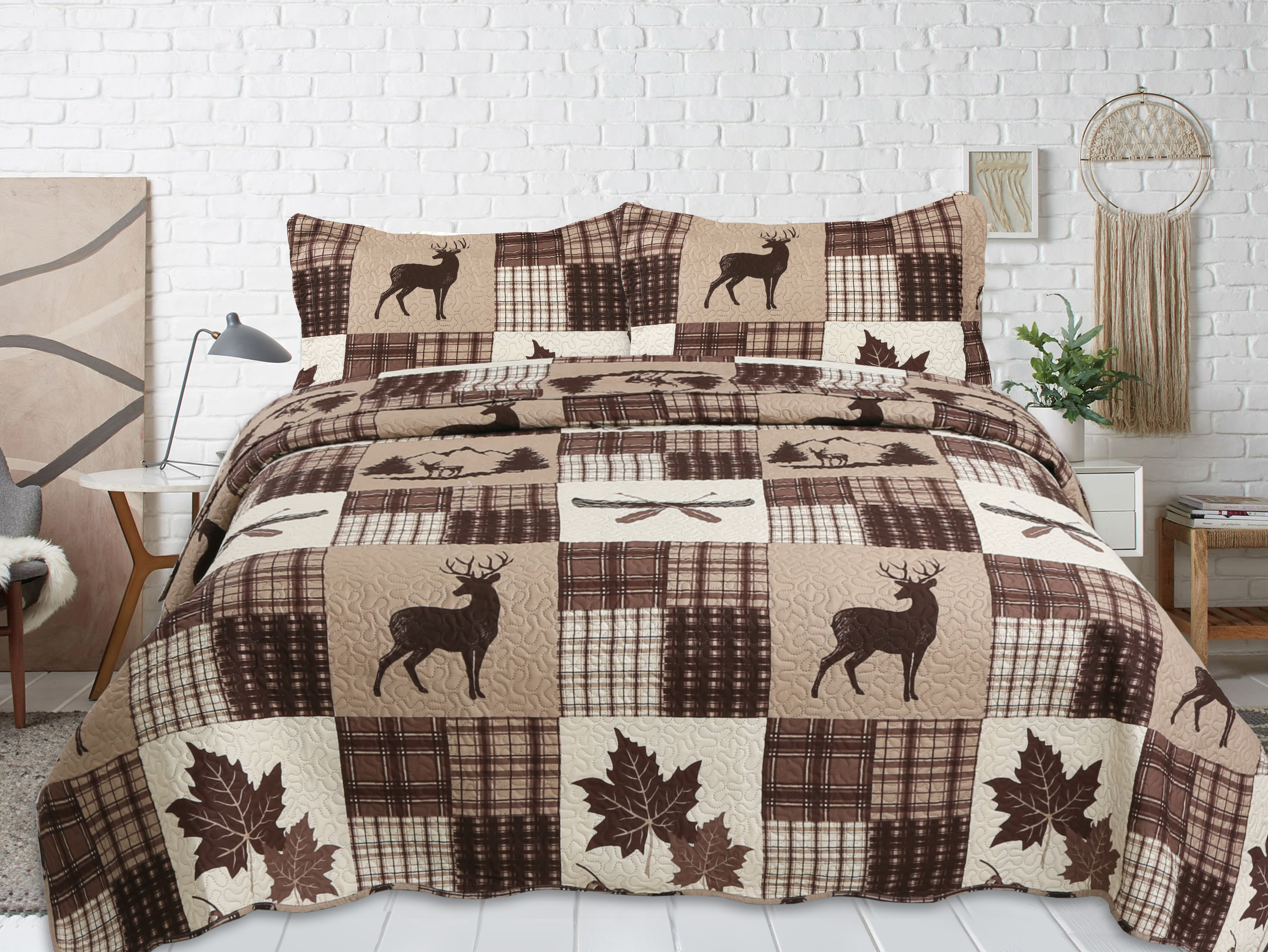 Marina Decoration Couvre-lit Pinsonic imprimé en relief, ensemble de couette d'été ultra doux avec taies d'oreiller, motif à carreaux de cerf en érable brun