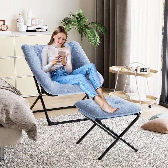 Kojooin Plush Saucer Chair with Ottoman, Blue Accent Lounge Chair for Bedroom, Living Room or Small Space