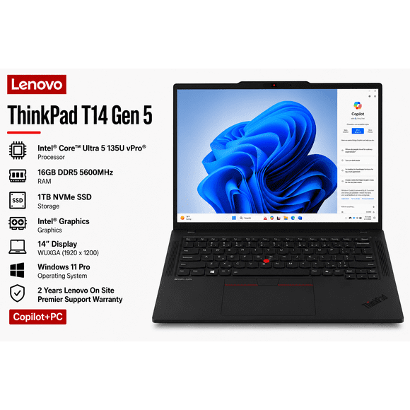 Lenovo ThinkPad T14 Gen 5 14" WUXGA Laptop / Intel Core Ultra 5 135U vPro / 16GB DDR5 / 1TB SSD / Windows 11 Pro / 2-Year Lenovo Onsite Premier Support (Renewed)