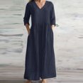 thumbnail image 1 of Robes d'Été Grande Taille Mode Femme Printemps/été Col en V Manches 3/4 Robe en Coton et Lin Robes T-Shirt en Liquidation, 1 of 6