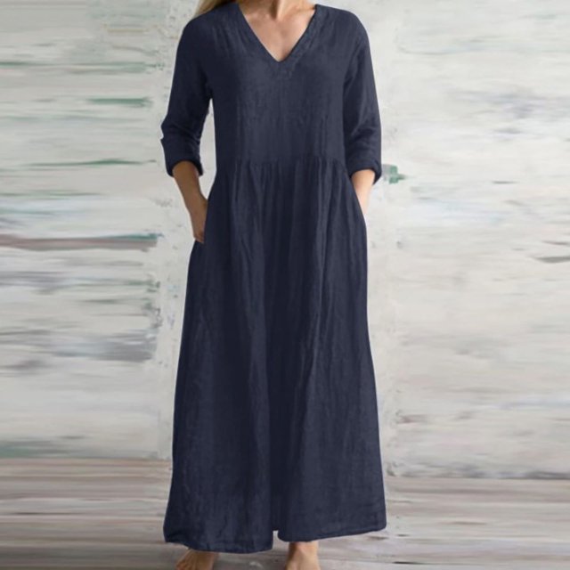 Robes d'Été Grande Taille Mode Femme Printemps/été Col en V Manches 3/4 Robe en Coton et Lin Robes T-Shirt en Liquidation