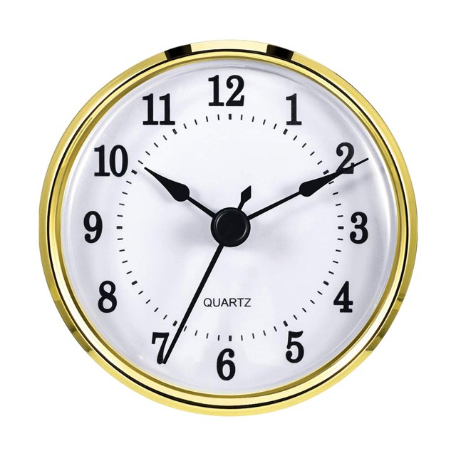 3-1/8 inch (80 mm) Clock Insert with a retro round design, featuring a gold-colored rim, clear lens, and black Arabic numerals on a white face for easy readability. Battery-operated with a 1.5V AA battery (not included). Suitable for DIY crafts, replacing old clock faces, or as a decorative piece for home, office, living room, or bedroom. Includes rubber rings for secure installation.