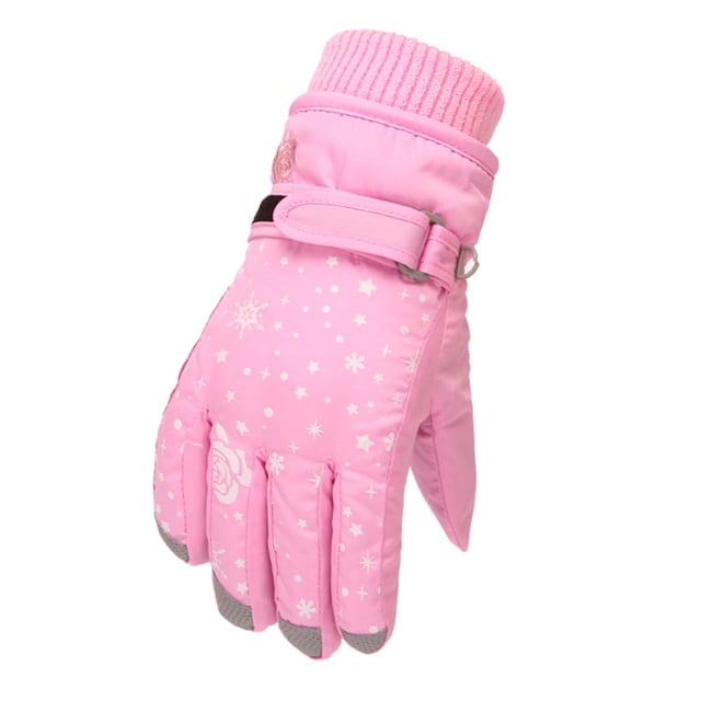 jovati Toddler Girls Boys Snow Gloves Kids Ski Winter Gloves with rose embroidery in pink color. Features include water-resistant material, adjustable-buckle wrist strap, drawstring closure, and anti-lost buckle design. The gloves have a non-slip grip and are designed to keep hands warm and dry during outdoor activities like skiing, hiking, or cycling.