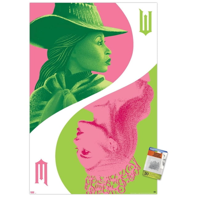Wicked - Reflection Wall Poster with Push Pins, 22.375" x 34" featuring two stylized portraits in green and pink separated by a white curved line; the upper figure wears a green hat and cape, the lower inverted figure wears a pink crown, set on contrasting pink and green backgrounds, suitable for bedroom or office wall décor.