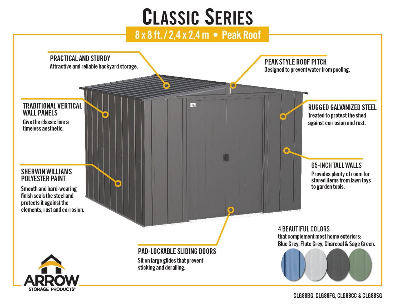 Arrow Classic Steel Storage Shed, 8x8, Charcoal