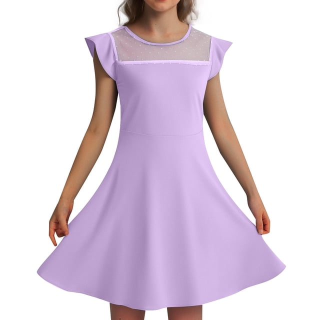 Robes d'Été Décontractées pour Filles Robe de Fête pour Enfants Manches à Volants en Maille Design en Ligne avec Poches pour 4 à 11 Ans