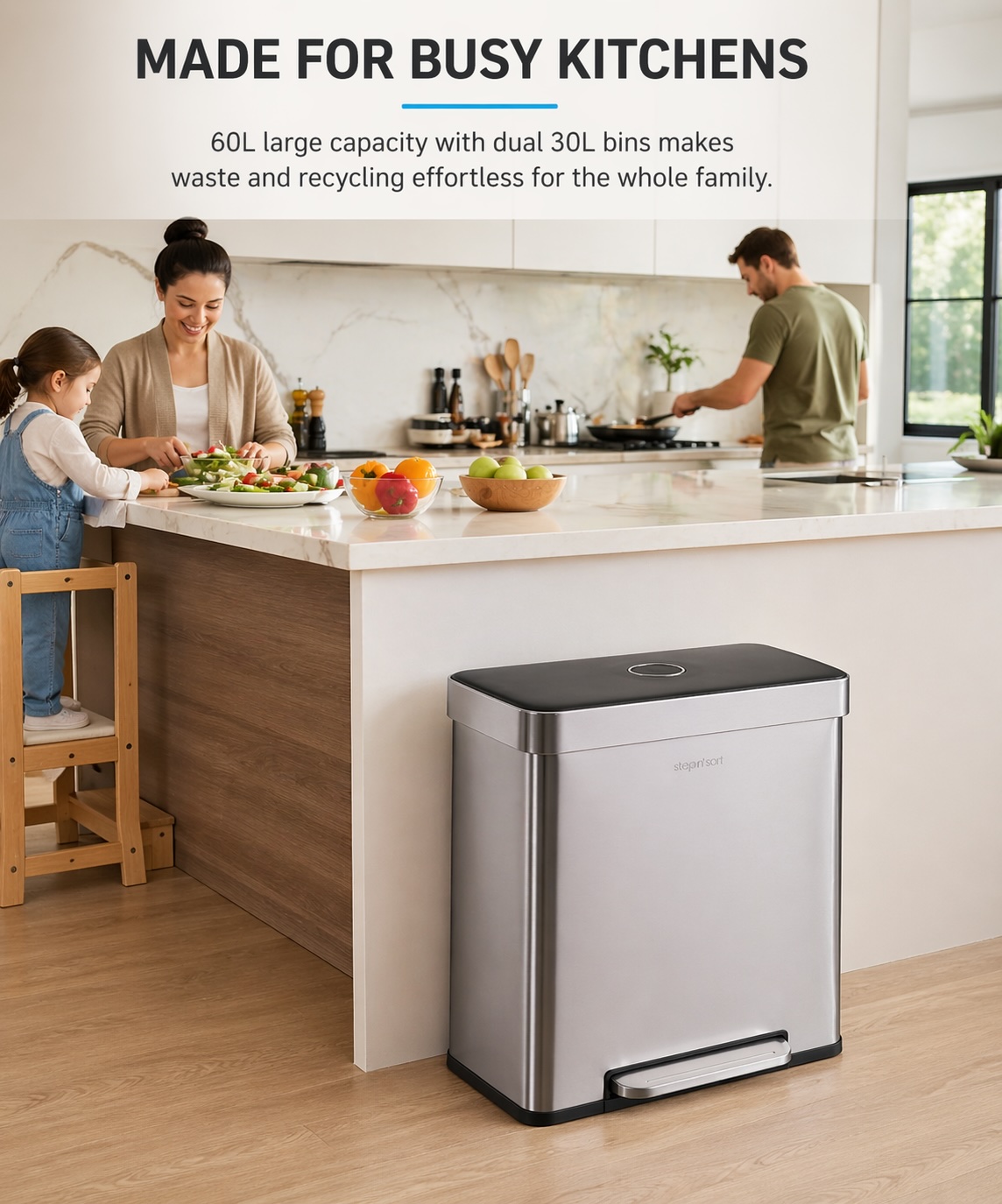 Poubelle double Step N’ Sort 60 L (2 poubelles de cuisine de 30 L), ouverture mains libres à pédale, couvercle à fermeture douce, acier inoxydable anti-traces de doigts