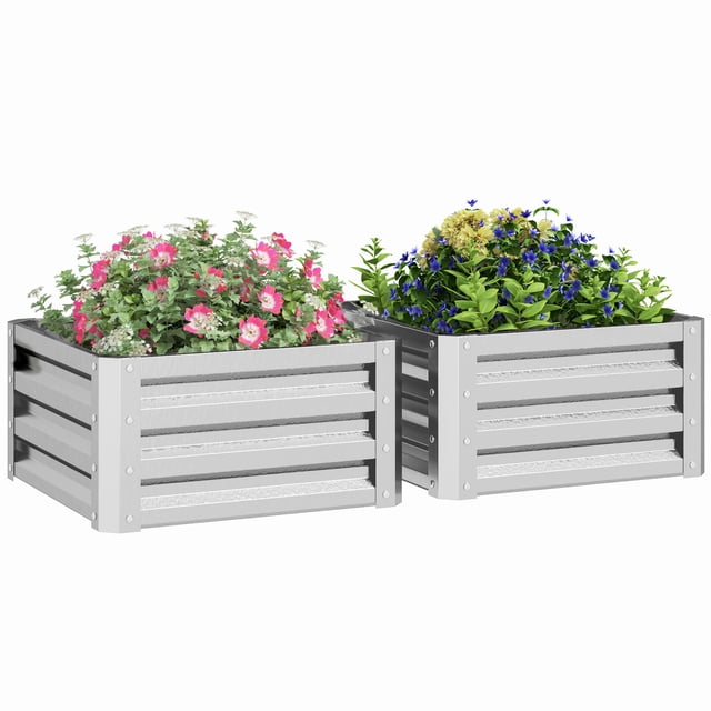 Outsunny 2' x 2' x 1' 2-Pieces Raised Garden Bed with galvanized steel frame, featuring a set of two silver planter boxes with an open bottom design for deep-rooted plants. Made of powder-coated galvanized steel for durability and outdoor use, suitable for growing vegetables, herbs, and flowers. Each box measures 23.5 inches in length, 23.5 inches in width, and 12 inches in height.
