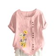 thumbnail image 2 of Pisexur Chemises en Lin pour Femmes Manches Courtes Blouses en Coton à Fleurs Hauts Grande Taille Décontractés Amples Col Rond Tuniques Unies Haut, 2 of 5