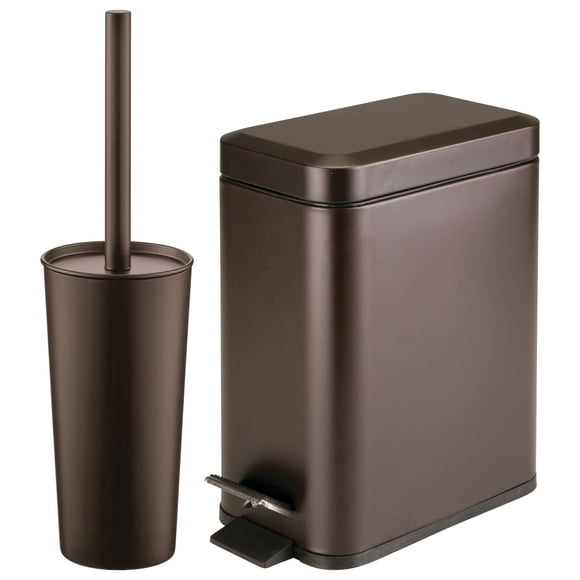 mDesign Metal Freestanding Slim Toilet Bowl Brush and Holder + Rectangle Narrow 5 Liter / 1.3 Gallon Step Pedal Trash Can Wastebasket for Bathroom - Small, Compact Design - Set of