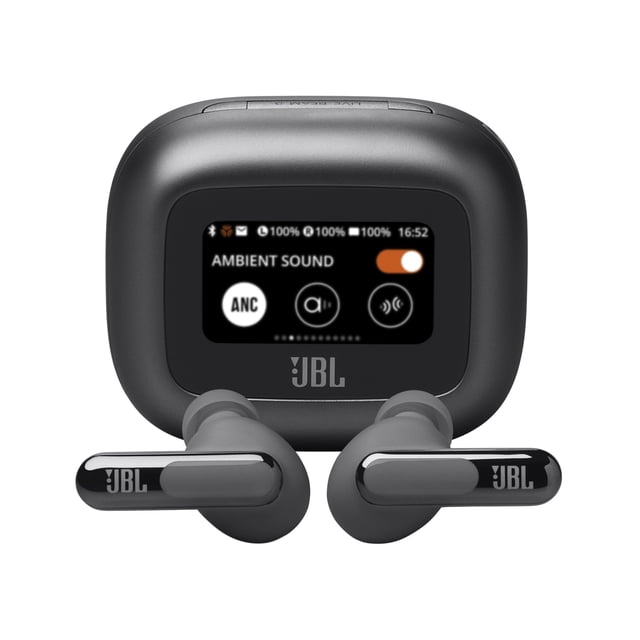 JBL Live Beam 3 TWS earbuds in black, paired with a Smart Charging Case featuring a 1.45-inch touchscreen for app-free control. These Hi-Res Audio earbuds deliver JBL Signature Sound, True Adaptive Noise Cancelling, and 48 hours of playback. The earbuds are waterproof, dustproof, and support wireless charging. The case includes a lanyard loop for convenience.