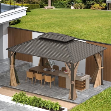 Domi Outdoor Auvent de Gazebo à Toit Rigide 12 X 14 Pi en Métal avec Double Toit en Acier Galvanisé, Rideau et Moustiquaire pour Patio, Terrasse, Cour Arrière, Brun