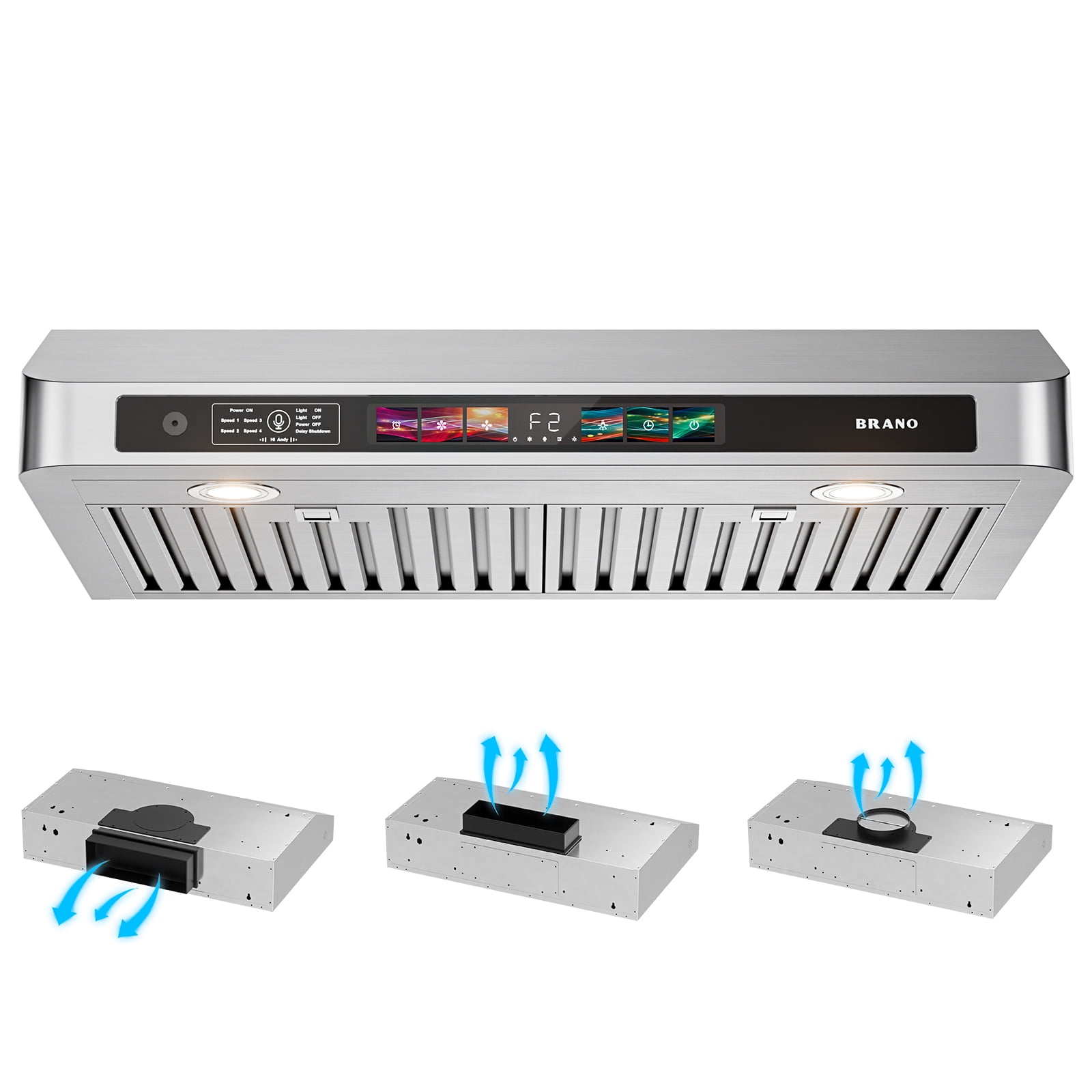 BRANO Hotte de cuisine sous cabinet de 30 po avec contrôle vocal, geste et tactile, 900 CFM, hotte en acier inoxydable à 4 vitesses, lumières LED, 110V
