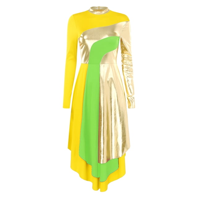 RUNQHUI Women's Metallic Gold Color Block Liturgical Praise Dance Dresses Church Robe Worship Skirt Yellow XL