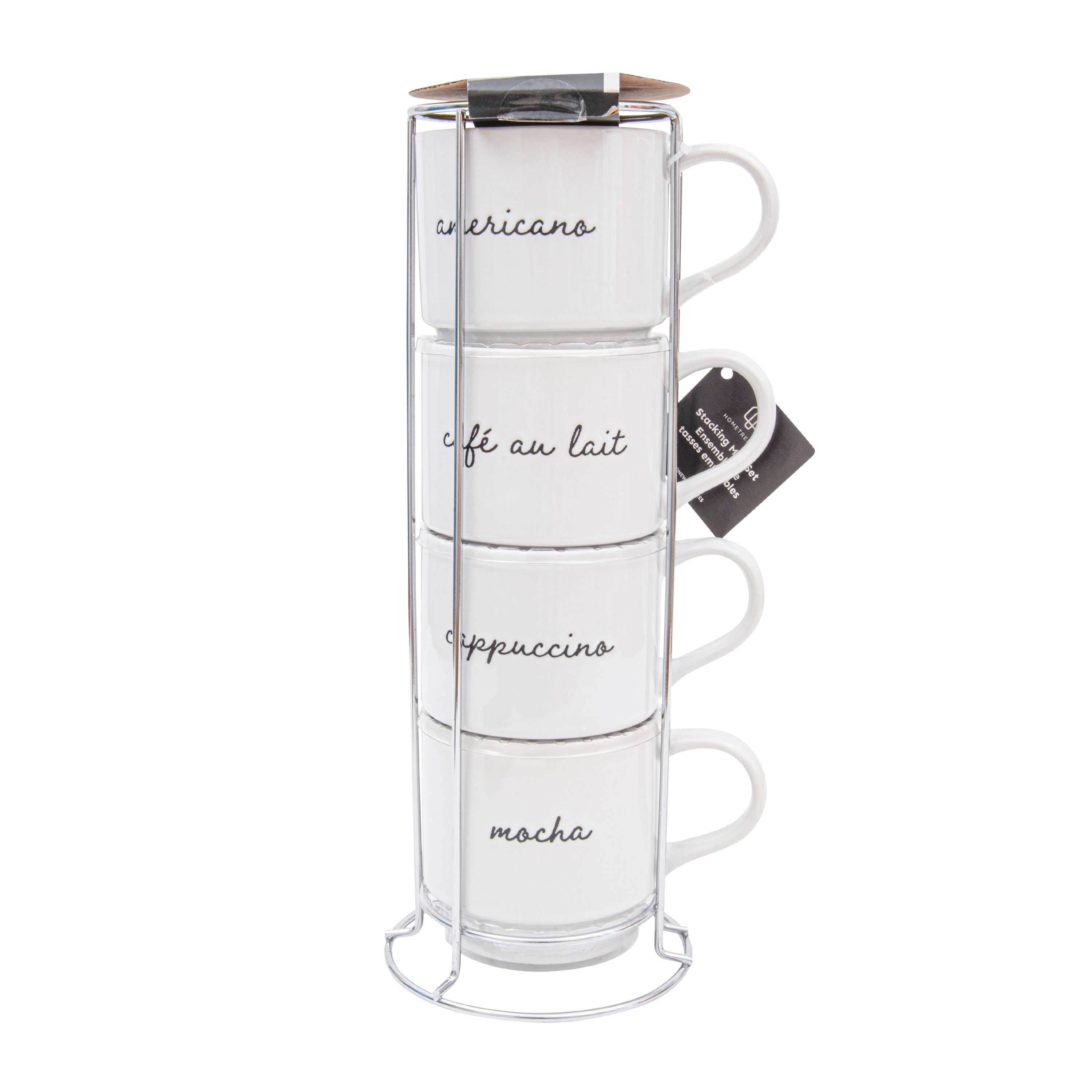 HomeTrends Mugs Empilable Emsemble 4 pièces avec Support en métal argenté