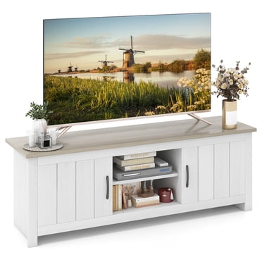 Gymax Meuble Télé Style Ferme pour Téléviseurs jusqu'à 65 Pieds' Console Multimédia avec Portes et Casiers Chêne Blanc